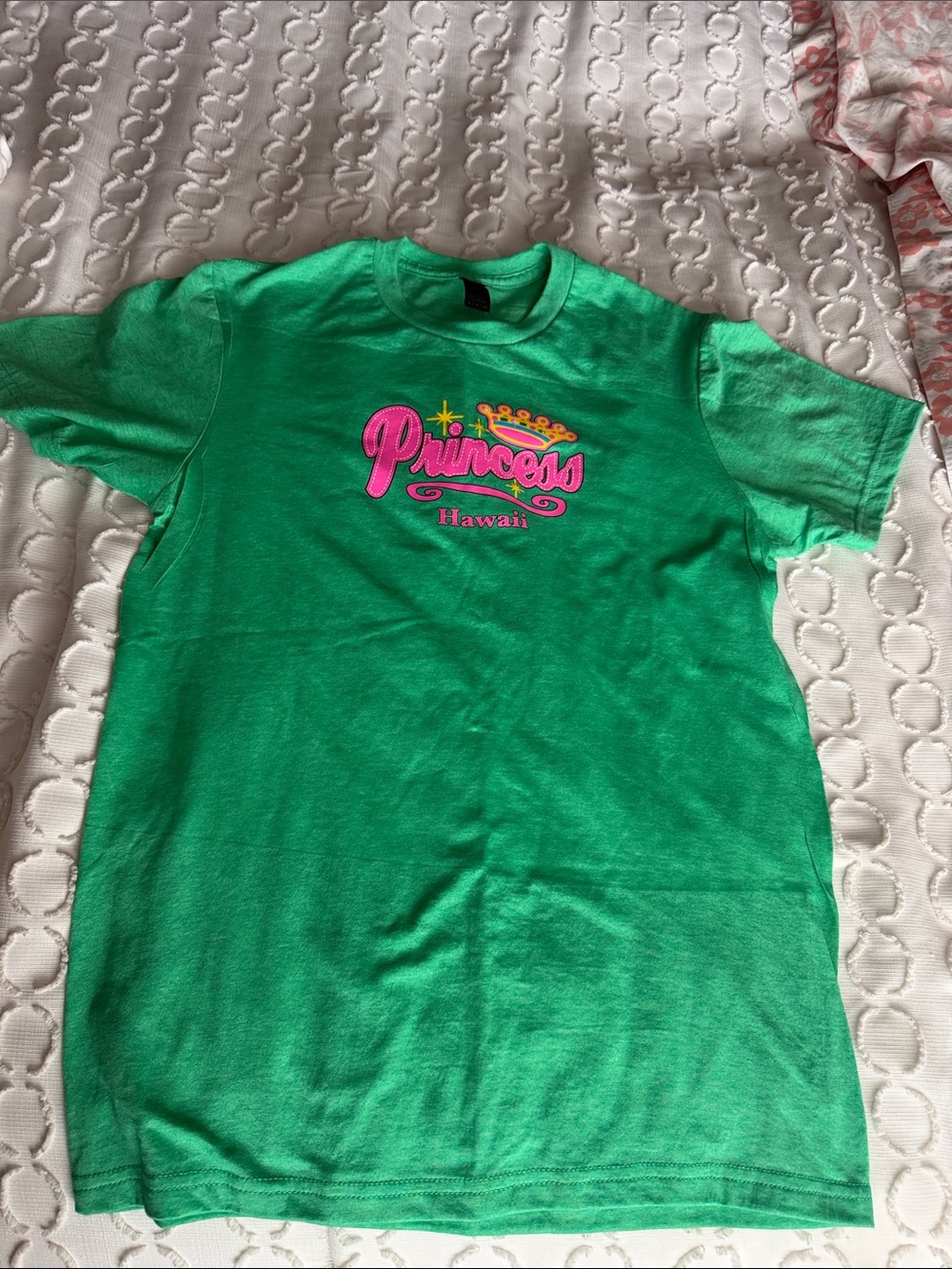 Green Short Sleeve Tee with Pink 'Princess' Hawaii Graphic